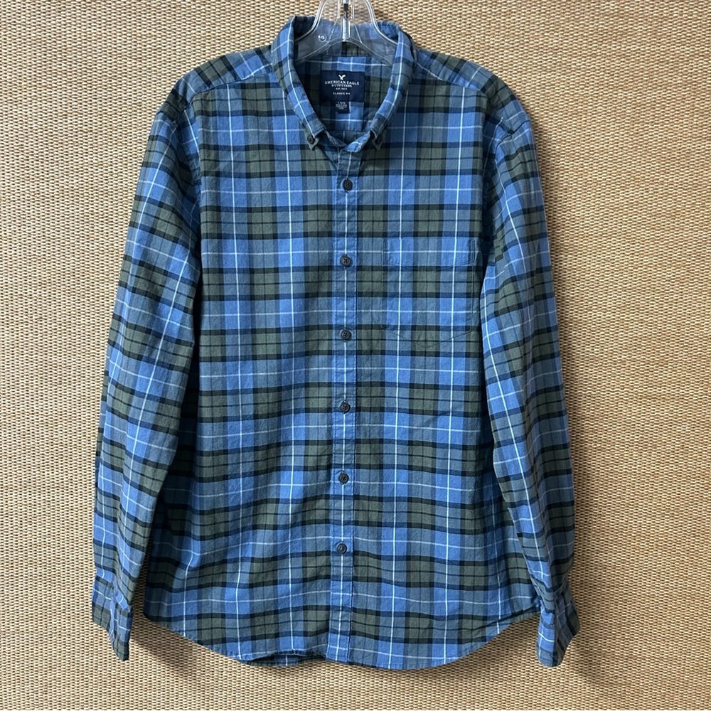 American Eagle Long Sleeve Button Up Shirt Mens Large Blue Plaid